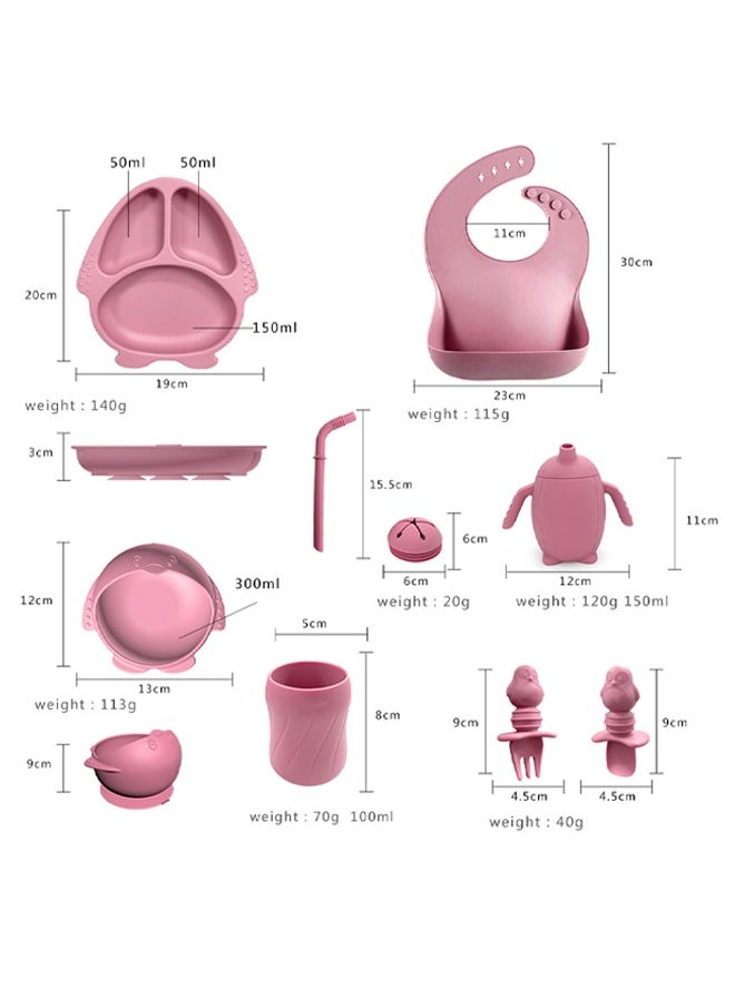 Occuwzz - 9 PCS Baby Weaning Tableware Easy to Clean Dark Pink with Suction Cup Divider Tray Adjustable Bib Soft Spoon Fork Drinking Cup Baby Plate Suitable for Babies 0-6 Months - Image 1