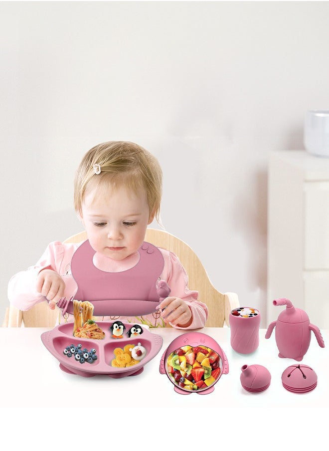 Occuwzz - 9 PCS Baby Weaning Tableware Easy to Clean Dark Pink with Suction Cup Divider Tray Adjustable Bib Soft Spoon Fork Drinking Cup Baby Plate Suitable for Babies 0-6 Months - Image 1