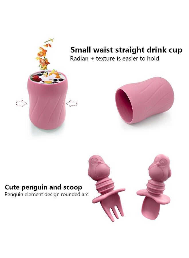 Occuwzz - 9 PCS Baby Weaning Tableware Easy to Clean Dark Pink with Suction Cup Divider Tray Adjustable Bib Soft Spoon Fork Drinking Cup Baby Plate Suitable for Babies 0-6 Months - Image 1