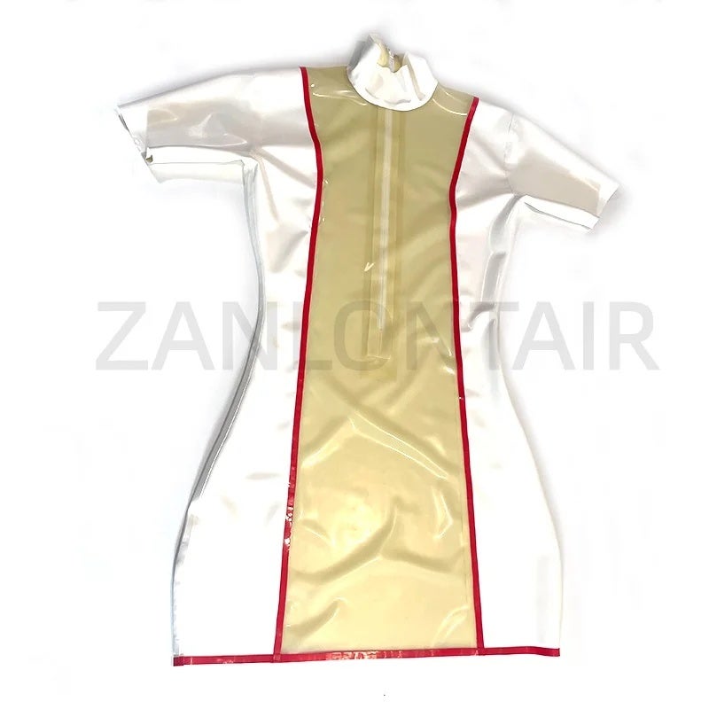 Women's Custom Size Handmade White Transparent Latex Nurse Maid Short Sleeve Slim Dress Uniform