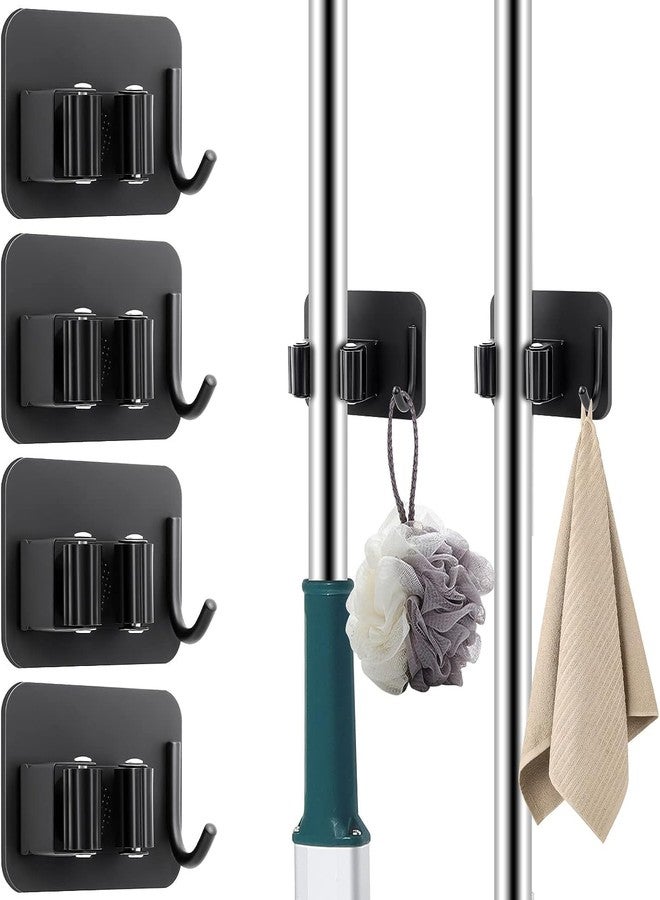 Enclave Stainless Steel Mop and Broom Holder Wall Mounted Adhesive Storage Solutions for Broom mop etc, Garage Storage Systems Broom Organizer. (1 RACK 1 HOOK/BLACK, PACK OF 6) - Image 1