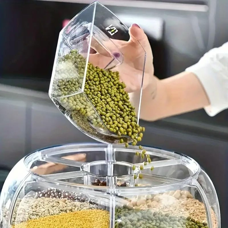 WYSYZJJ Rotating grain distributor, 6-grid large rice storage container for storing rice, beans and cat food, sealed and moisture-proof, large size. - Image 3