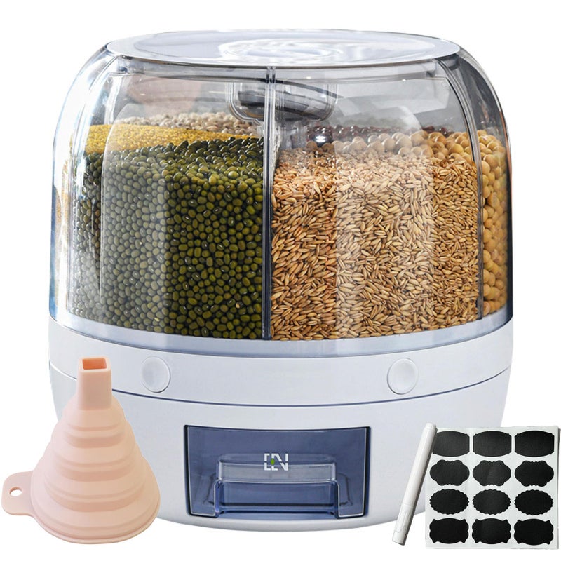 WYSYZJJ Rotating grain distributor, 6-grid large rice storage container for storing rice, beans and cat food, sealed and moisture-proof, large size. - Image 1