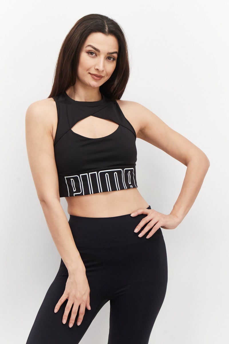 PUMA حمالة صدر رياضية مبطنة بشعار العلامة التجارية للنساء، سوداء - Image 1