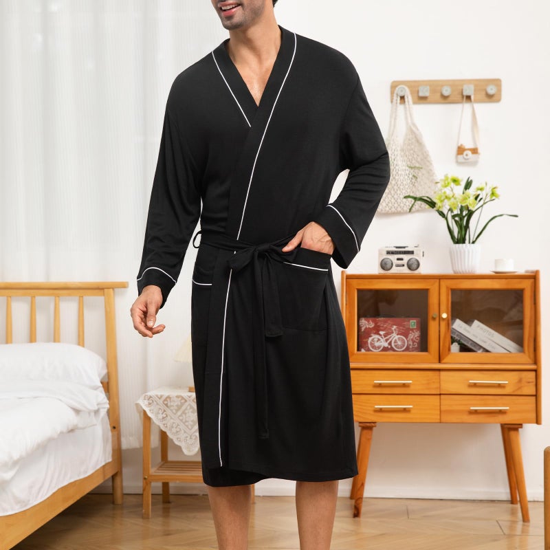 Lagtew Mens Lightweight Robe Cotton Blend Kimono Bathrobe with Pockets, Soft Breathable Absorbent Loungewear for Home,BLACK,XL - Image 3