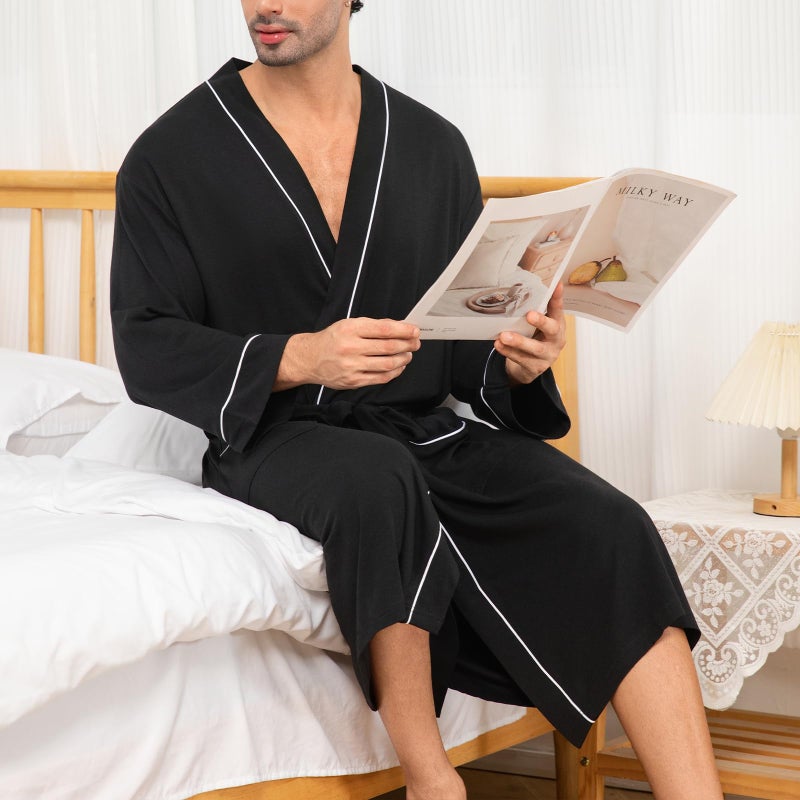 Lagtew Mens Lightweight Robe Cotton Blend Kimono Bathrobe with Pockets, Soft Breathable Absorbent Loungewear for Home,BLACK,XL - Image 4