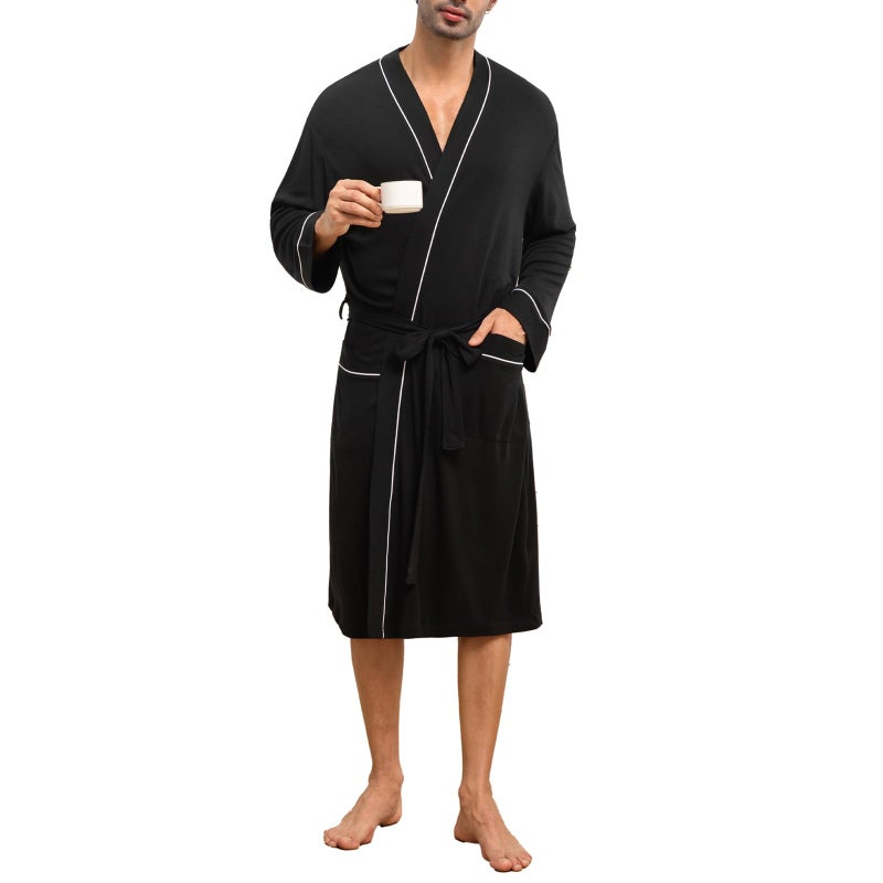 Lagtew Mens Lightweight Robe Cotton Blend Kimono Bathrobe with Pockets, Soft Breathable Absorbent Loungewear for Home,BLACK,XL - Image 1