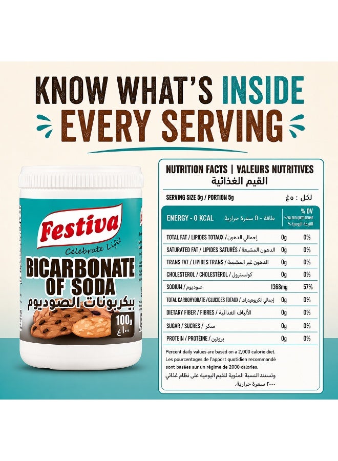 Festiva Baking Soda 100g - Multi Purpose Baking Ingredient for Cakes, Cookies, Bread and Cooking Recipes - Fine Baking Soda - Image 1