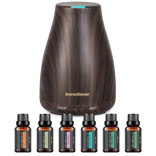 InnoGear Essential Oil Diffuser with Oils, 100ml Aromatherapy Diffuser with 6 Essential Oils Set, Aroma Cool Mist Humidifier Gift Set, Dark Wood Grain - Image 1