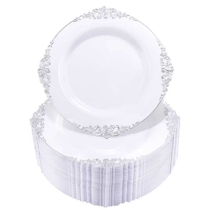 Hioasis 100pcs White Silver Plastic Plates for Party - 7.5" Dessert Plates Disposable, Heavy -duty, Classy and Elegant for Wedding - Image 1