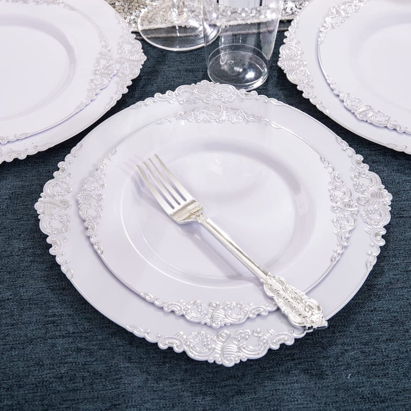 Hioasis 100pcs White Silver Plastic Plates for Party - 7.5" Dessert Plates Disposable, Heavy -duty, Classy and Elegant for Wedding - Image 5
