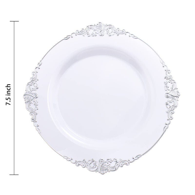 Hioasis 100pcs White Silver Plastic Plates for Party - 7.5" Dessert Plates Disposable, Heavy -duty, Classy and Elegant for Wedding - Image 2