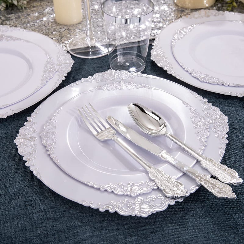 Hioasis 100pcs White Silver Plastic Plates for Party - 7.5" Dessert Plates Disposable, Heavy -duty, Classy and Elegant for Wedding - Image 3