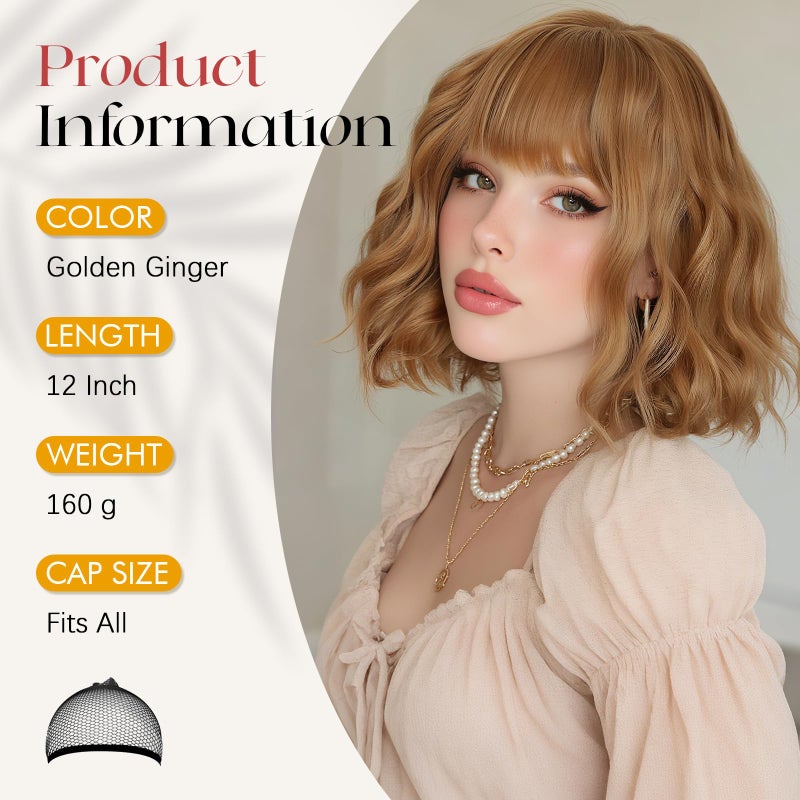 SOFEIYAN Short Wavy Warm Brown Wig - 12 Inch Bob Wig with Bangs for Women Curly Shoulder Length Bob Wig with Bangs Soft Synthetic Hair Wigs for Girls Daily Party Use - Image 2