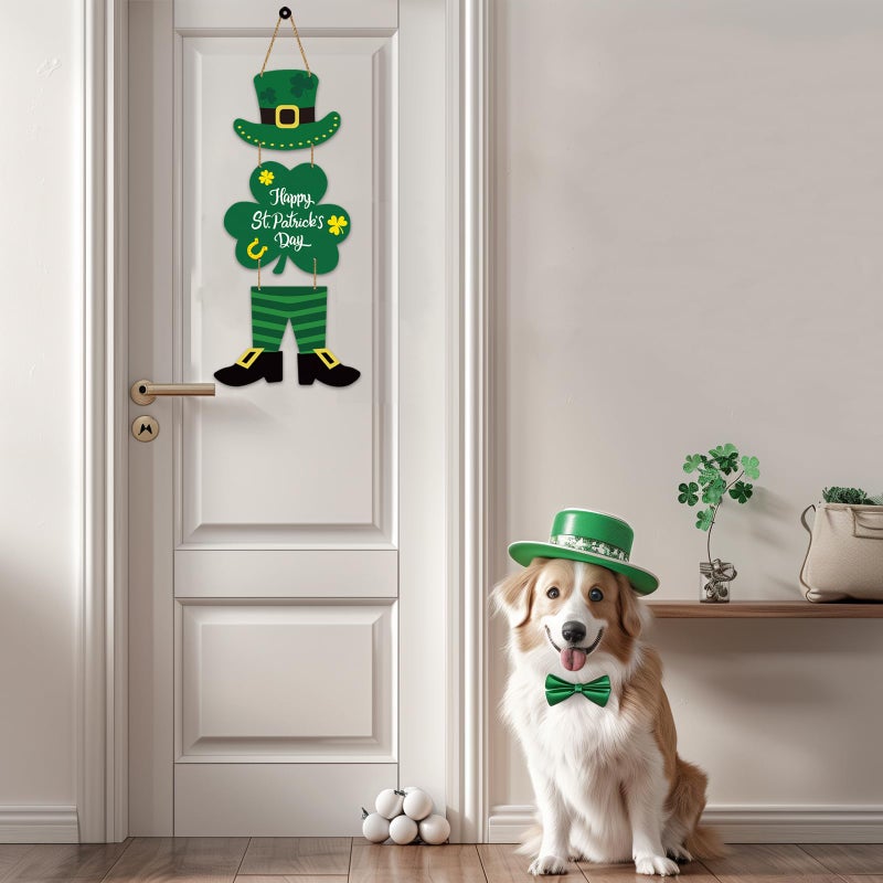 YUNKKIN St Patricks Day Decorations Happy St Patricks Day Wreath Door Decorations Wooden Wreaths for Front Door Hanger Leprechaun Top Hat Irish Hanging Sign Decor for Porch Wall Indoor Home Decor - Image 5