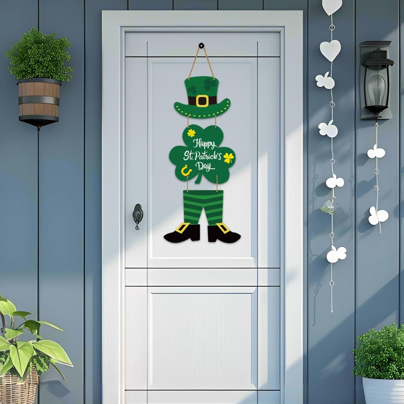 YUNKKIN St Patricks Day Decorations Happy St Patricks Day Wreath Door Decorations Wooden Wreaths for Front Door Hanger Leprechaun Top Hat Irish Hanging Sign Decor for Porch Wall Indoor Home Decor - Image 3