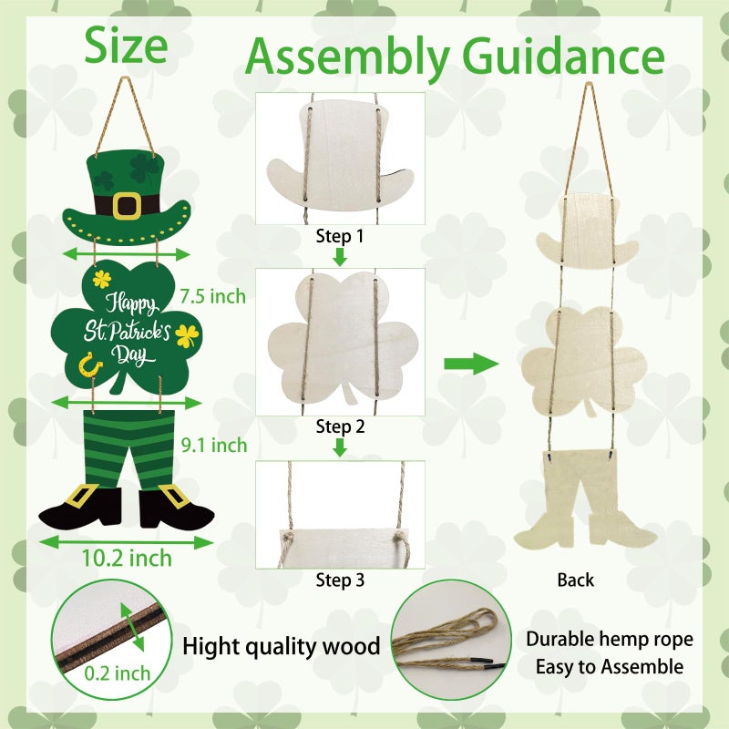 YUNKKIN St Patricks Day Decorations Happy St Patricks Day Wreath Door Decorations Wooden Wreaths for Front Door Hanger Leprechaun Top Hat Irish Hanging Sign Decor for Porch Wall Indoor Home Decor - Image 2