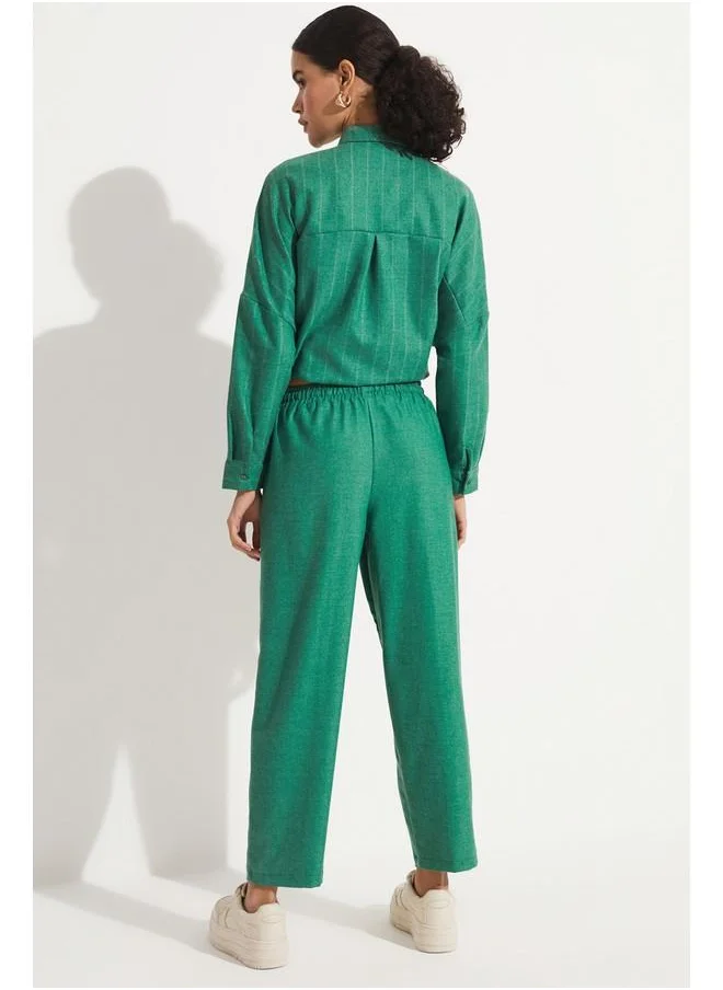 جون June Exclusive Elastic Waist High Waist Linen Blend Jogger Self Patterned Trouser Green