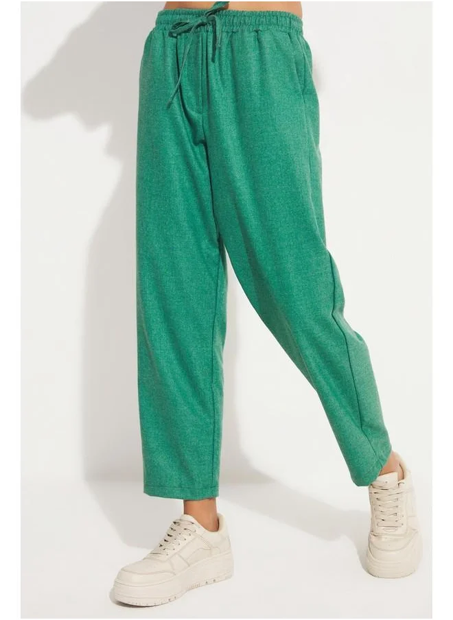 جون June Exclusive Elastic Waist High Waist Linen Blend Jogger Self Patterned Trouser Green