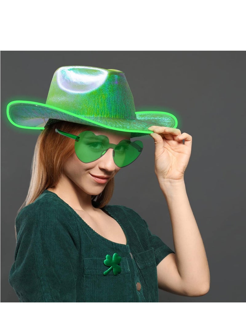 SOLARAE Light Up Cowboy Hat for Women with Heart Sunglasses Glitter Men,LED Cowgirl Sparkly Space Hats Party Costume Dress - Image 5