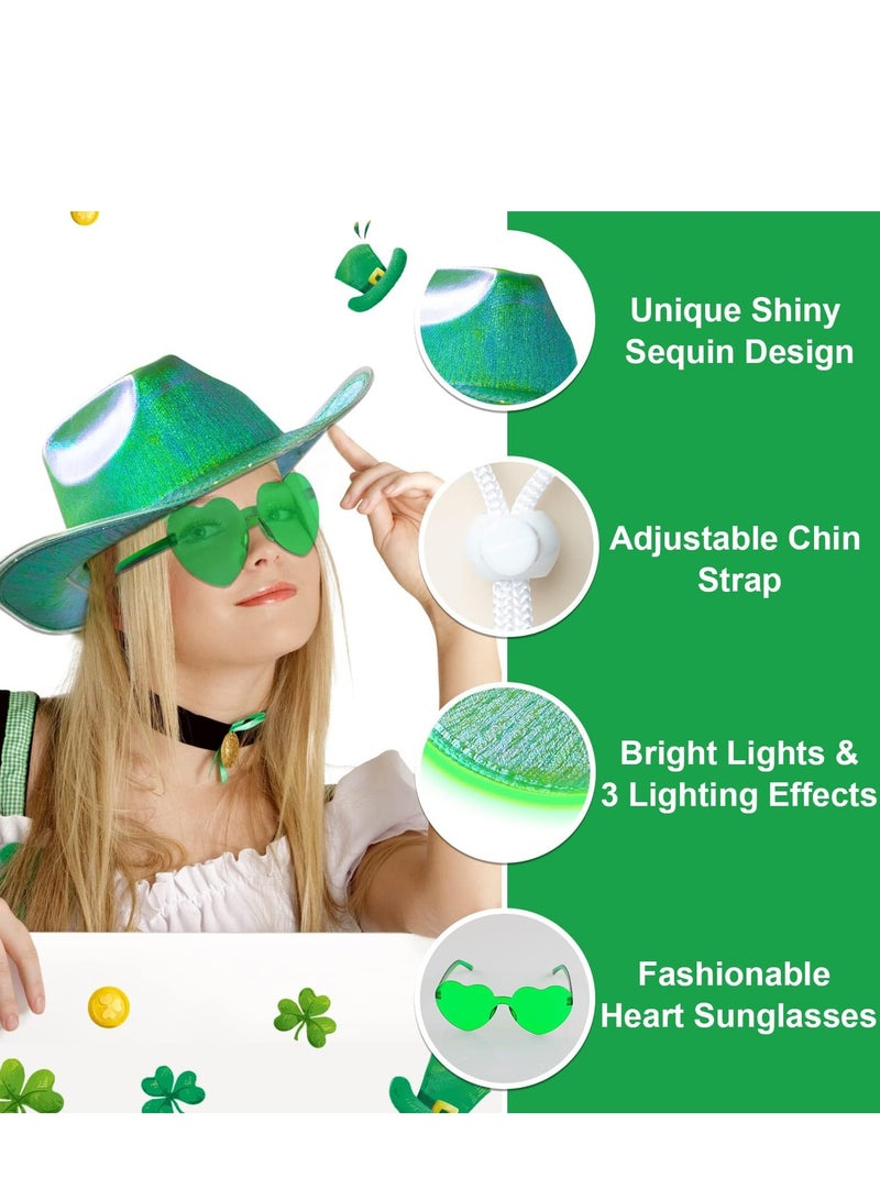 SOLARAE Light Up Cowboy Hat for Women with Heart Sunglasses Glitter Men,LED Cowgirl Sparkly Space Hats Party Costume Dress - Image 2
