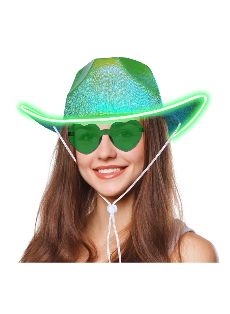 SOLARAE Light Up Cowboy Hat for Women with Heart Sunglasses Glitter Men,LED Cowgirl Sparkly Space Hats Party Costume Dress - Image 3