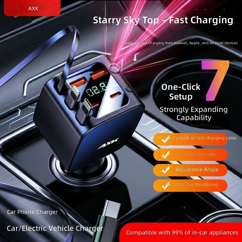 AXK Car Fast Charger for Mobile Phones, Retractable & Universal Compatible with Apple and Android - Image 1