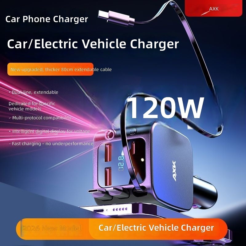 AXK Car Fast Charger for Mobile Phones, Retractable & Universal Compatible with Apple and Android - Image 2