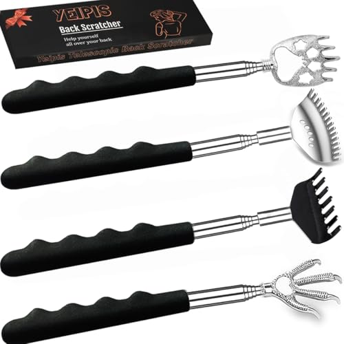 Yeipis 4Pcs Different Back Scratcher Extendable Back Massager Tool with Rubber Handles, Metal Portable Telescoping Back Scratcher, Stocking Stuffers for Men Women Christmas Gift (Black) - Image 1