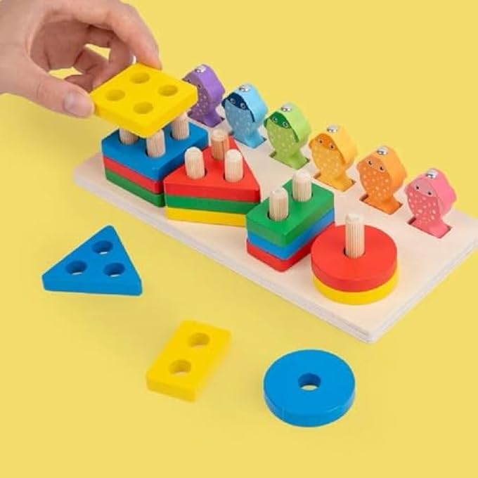 WOODEN SORTING AND STACKING TOY PUZZLE, EDUCATIONAL MONTESSORI TOYS FOR 3 YEAR OLD, WOODEN COLORFUL GEOMETRIC STACKING TOYS FOR TODDLER, COLORFUL SHAPE SORTER STACKER AND MAGNETIC FISHING TOY - Image 2