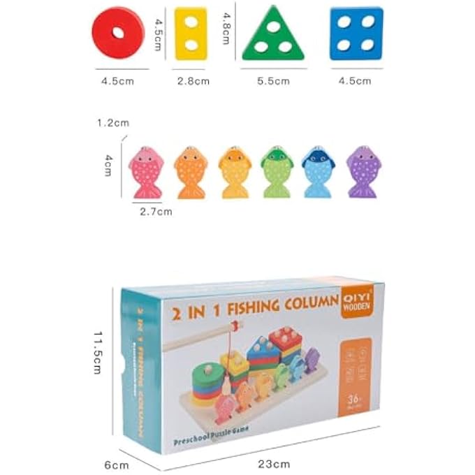 WOODEN SORTING AND STACKING TOY PUZZLE, EDUCATIONAL MONTESSORI TOYS FOR 3 YEAR OLD, WOODEN COLORFUL GEOMETRIC STACKING TOYS FOR TODDLER, COLORFUL SHAPE SORTER STACKER AND MAGNETIC FISHING TOY - Image 4