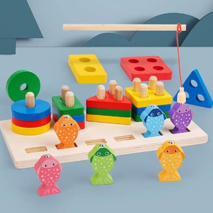 WOODEN SORTING AND STACKING TOY PUZZLE, EDUCATIONAL MONTESSORI TOYS FOR 3 YEAR OLD, WOODEN COLORFUL GEOMETRIC STACKING TOYS FOR TODDLER, COLORFUL SHAPE SORTER STACKER AND MAGNETIC FISHING TOY - Image 3