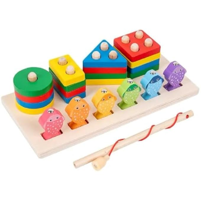 WOODEN SORTING AND STACKING TOY PUZZLE, EDUCATIONAL MONTESSORI TOYS FOR 3 YEAR OLD, WOODEN COLORFUL GEOMETRIC STACKING TOYS FOR TODDLER, COLORFUL SHAPE SORTER STACKER AND MAGNETIC FISHING TOY - Image 1