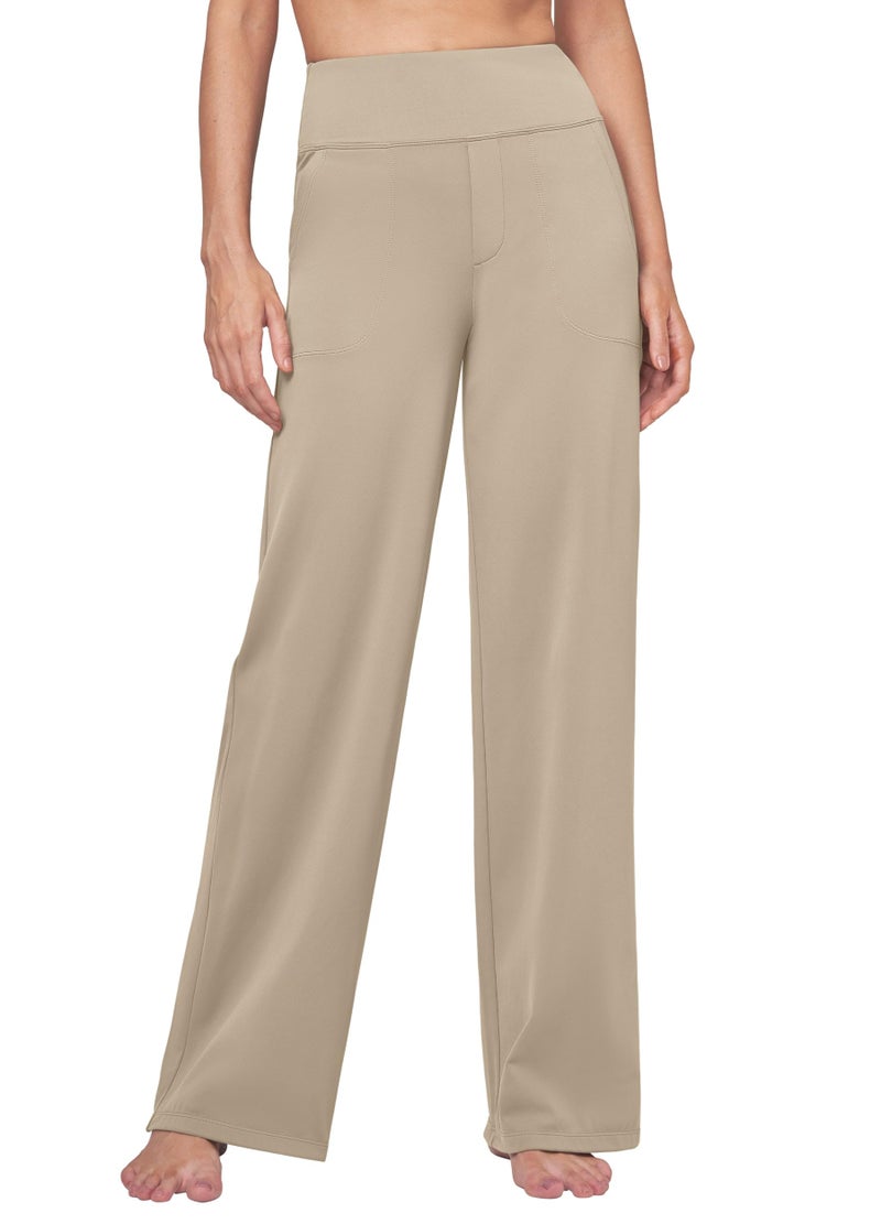 Willit Women's Yoga Pants Wide Leg Dress Work Pants Stretch Casual Pants Slacks with Pockets High Waist 30" Khaki M - Image 2