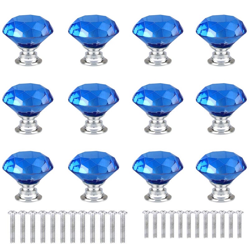 ANJUU 12 Pcs 30mm Diamond Shape Crystal Glass Cabinet Knobs with Screws Drawer Knob Pull Handle Used for Kitchen Dresser Door Cupboard Blue
