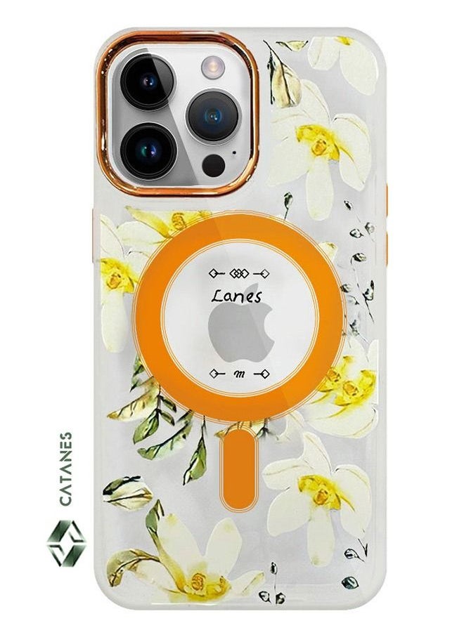 CATANES - Case for Apple iPhone 14 PRO Floral Design Fashion Flower Compatible with MagSafe & Wireless Charging Cover YELLOW - Image 1