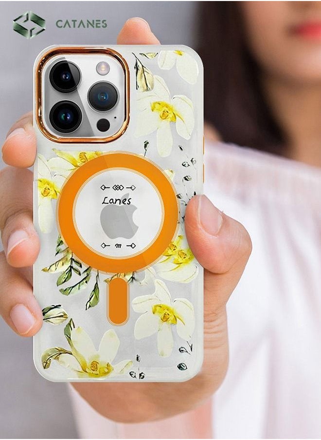 CATANES - Case for Apple iPhone 14 PRO Floral Design Fashion Flower Compatible with MagSafe & Wireless Charging Cover YELLOW - Image 1