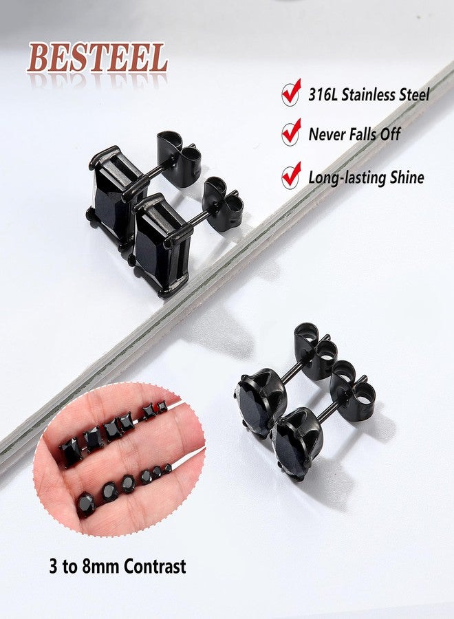 BESTEEL 2Pairs Hypoallergenic Black Stud Earrings for Men Women 316L Stainless Steel Square Round CZ Mens Earrings Studs Jewelry Set for Sensitive Ears Black-6mm - Image 5