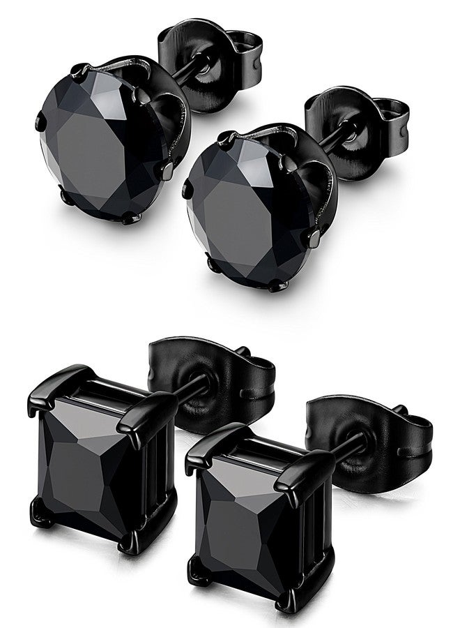 BESTEEL 2Pairs Hypoallergenic Black Stud Earrings for Men Women 316L Stainless Steel Square Round CZ Mens Earrings Studs Jewelry Set for Sensitive Ears Black-6mm - Image 1