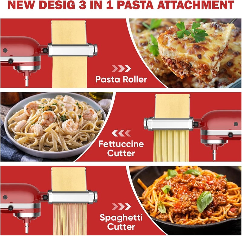 GVODE 3 in 1 Pasta Attachment for KitchenAid Stand Mixer, All Metal Pasta Maker KitchenAid Attachment, Pasta Sheet Roller, Spaghetti Cutter, Fettuccine Cutter Maker Accessories and Cleaning Brush by - Image 2