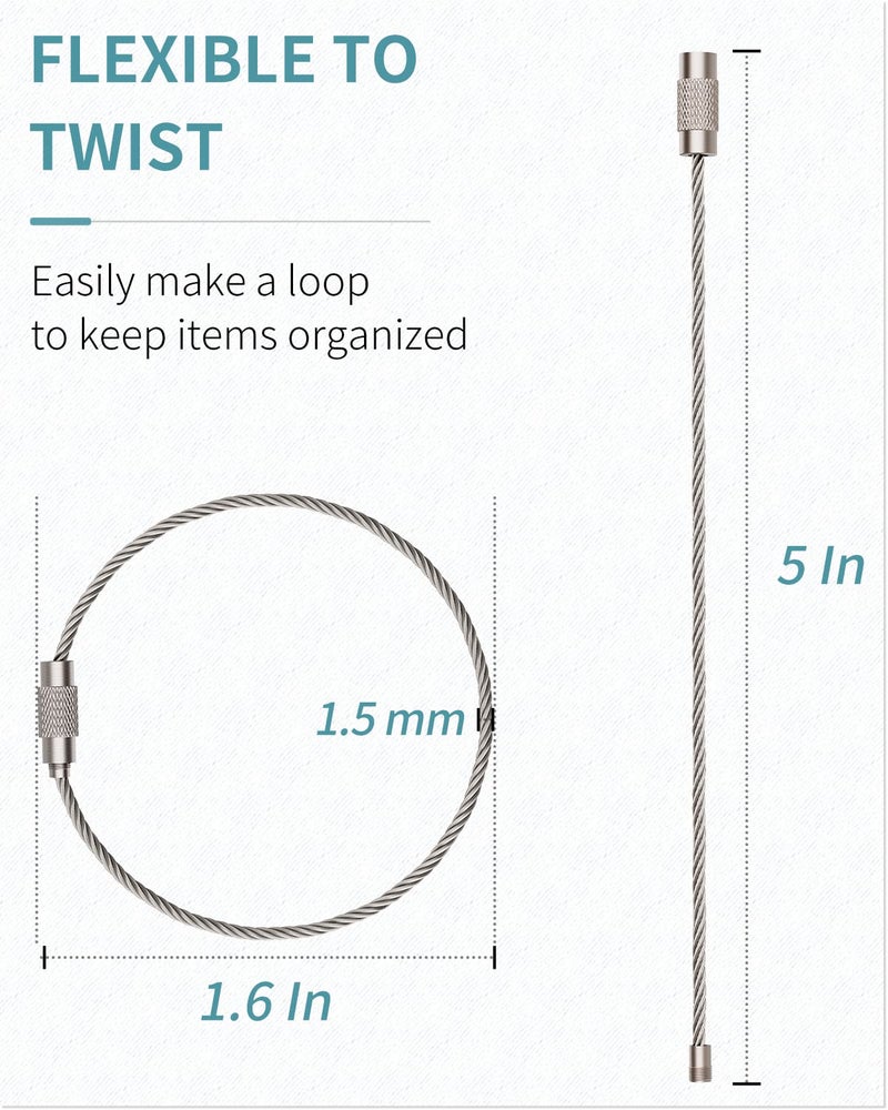Pawfly 5 Inch Wire Keychain Cable Large Stainless Steel Key Ring Loop Holder for Outdoor Hiking Heavy Duty Connectable Luggage Tag Keeper for Sport and Travel, 20 Pack - Image 2