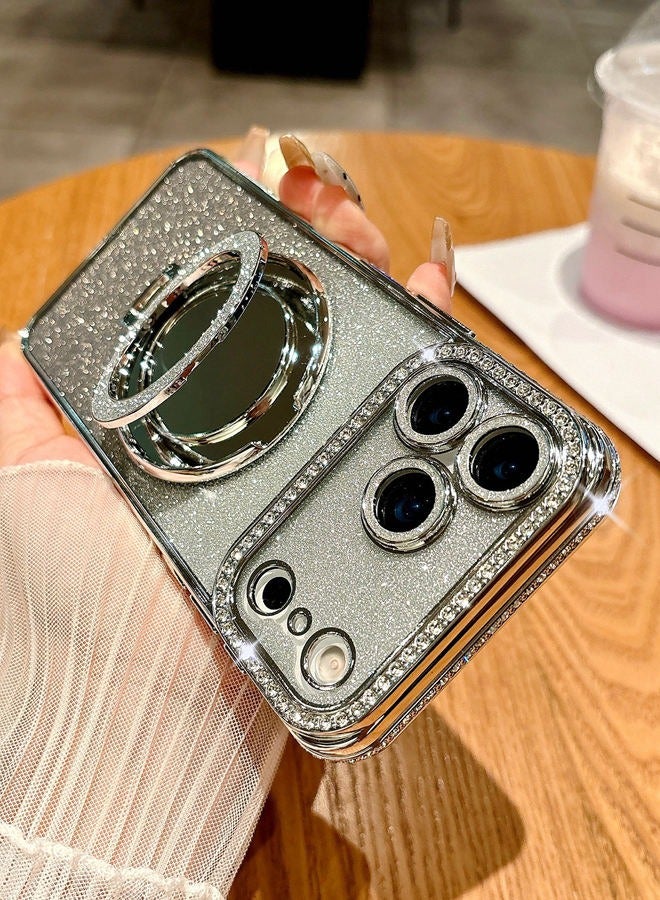 حافظة مغناطيسية لامعة لهاتف iPhone 17 Pro Max، واقي عدسة كاميرا لامع، حامل مرآة مكياج بحلقة لامعة، حافة ماسية فاخرة، غطاء iPhone 17 Pro Max مقاوم للصدمات بتدرج ألوان عصري فاخر، هدية للنساء والفتيات - Image 1