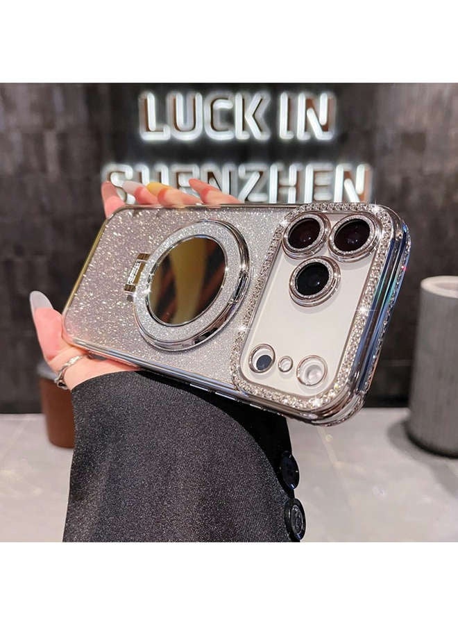 حافظة مغناطيسية لامعة لهاتف iPhone 17 Pro Max، واقي عدسة كاميرا لامع، حامل مرآة مكياج بحلقة لامعة، حافة ماسية فاخرة، غطاء iPhone 17 Pro Max مقاوم للصدمات بتدرج ألوان عصري فاخر، هدية للنساء والفتيات - Image 2