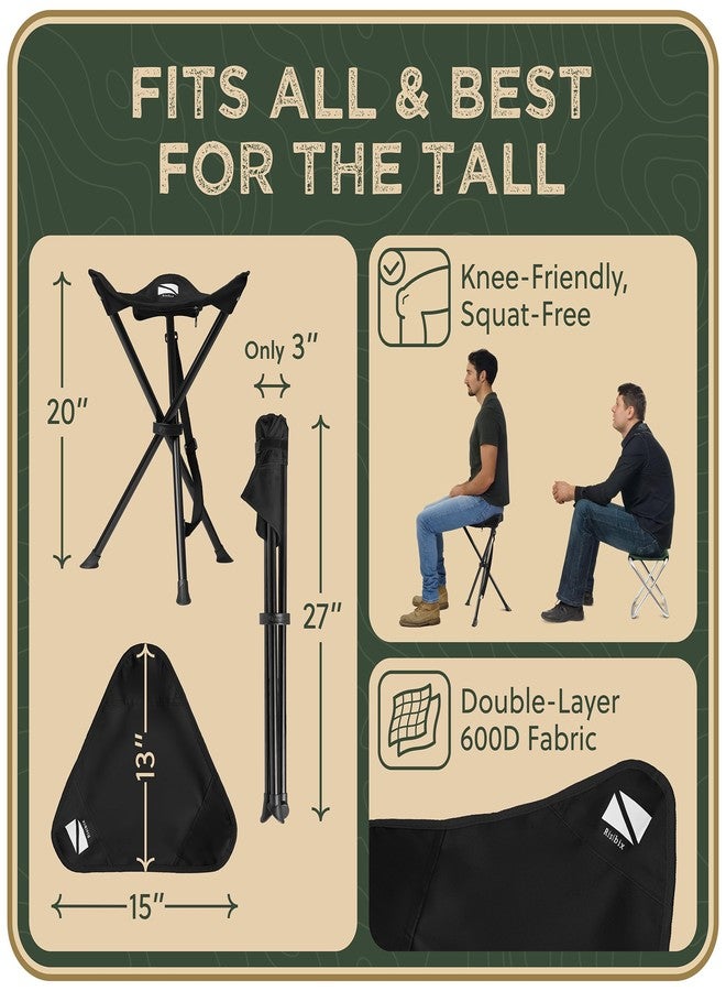 RISIBIX Foldable Tripod Stool - Ultra Portable Seat for Tall People, 20” High - Hunting Chair & Hidden Zippered Pocket - 2 lb Camping Stool, 3 Legged Strong Steel Stool Holds up to 200 lb (Black) - Image 3