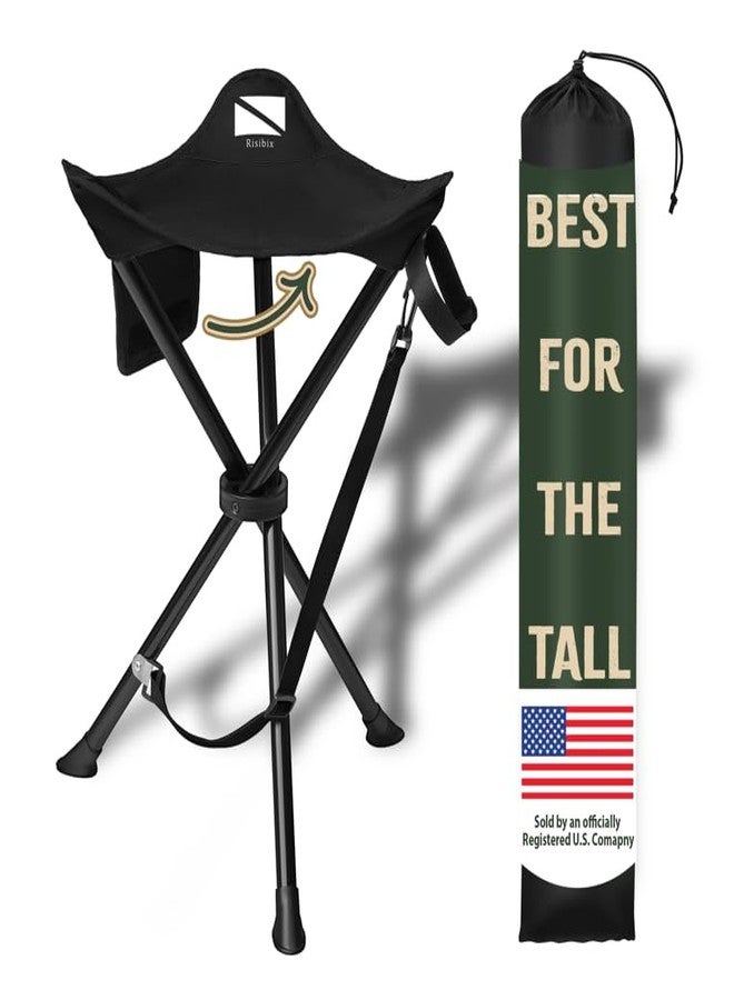 RISIBIX Foldable Tripod Stool - Ultra Portable Seat for Tall People, 20” High - Hunting Chair & Hidden Zippered Pocket - 2 lb Camping Stool, 3 Legged Strong Steel Stool Holds up to 200 lb (Black) - Image 1