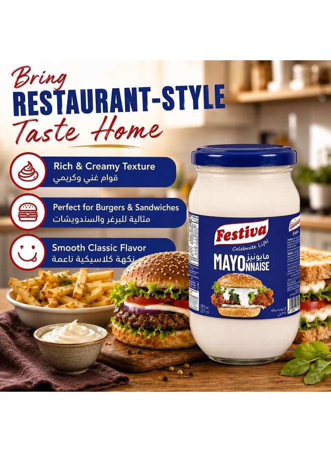Festiva Mayonnaise 237ml Glass Jar - Creamy Mayo Sandwich Spread for Burgers, Sandwiches, Wraps and Snacks - Dip and Dressing - Image 2