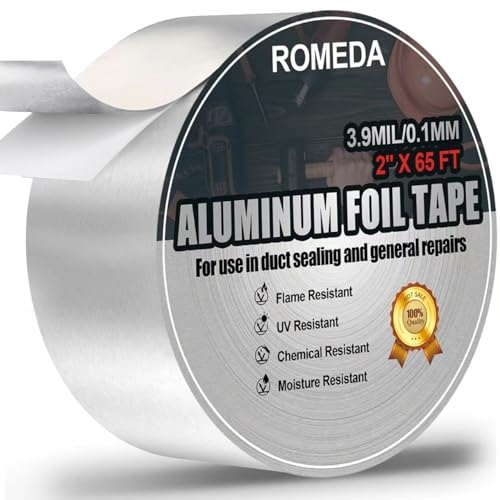 Romeda Aluminum Foil Tape, 2 inch x 65 Feet (3.9 mil), Insulation Adhesive Metal High Temperature Heavy Duty HVAC Tape, Silver for Ductwork, Dryer Vent, HVAC - Image 1