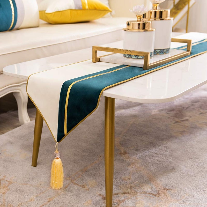 Avigers 12 x 59 Inch Decorative Luxury Green Teal White Gold Leather Striped Patchwork Velvet Table Runners with Tassels for Home Living Room Bedroom Art Decor Wedding