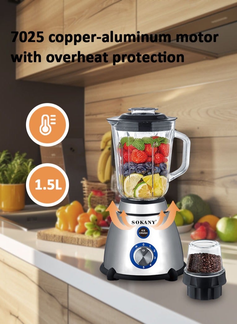 sokany 2 in 1 Countertop Blender with Grinder Mills, 1.5L Jar,0.3 ml Grinding Mills, Stainless Steel Blades, 5-Speed with Pulse Control, Perfect for Smoothies, Coffee, Herbs, and Spices, 800 SK-03031 Black - Image 2