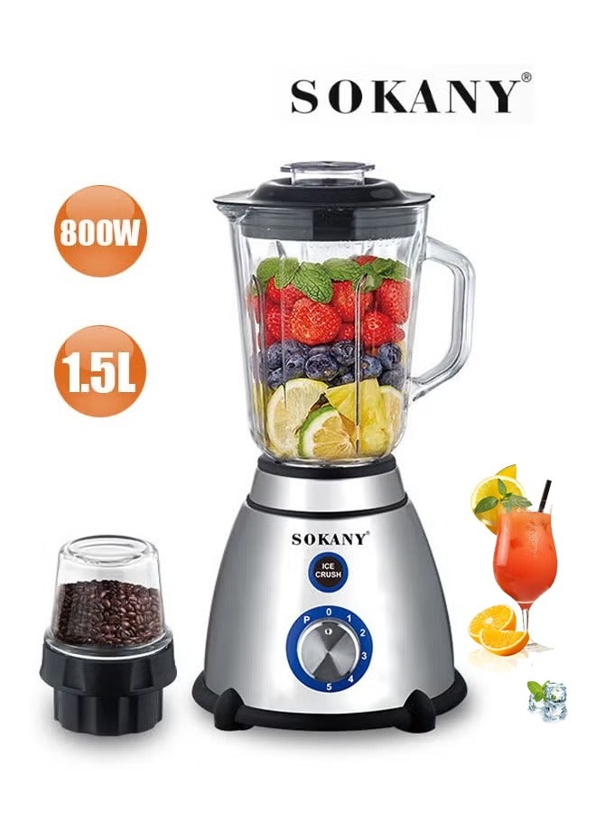 sokany 2 in 1 Countertop Blender with Grinder Mills, 1.5L Jar,0.3 ml Grinding Mills, Stainless Steel Blades, 5-Speed with Pulse Control, Perfect for Smoothies, Coffee, Herbs, and Spices, 800 SK-03031 Black - Image 1